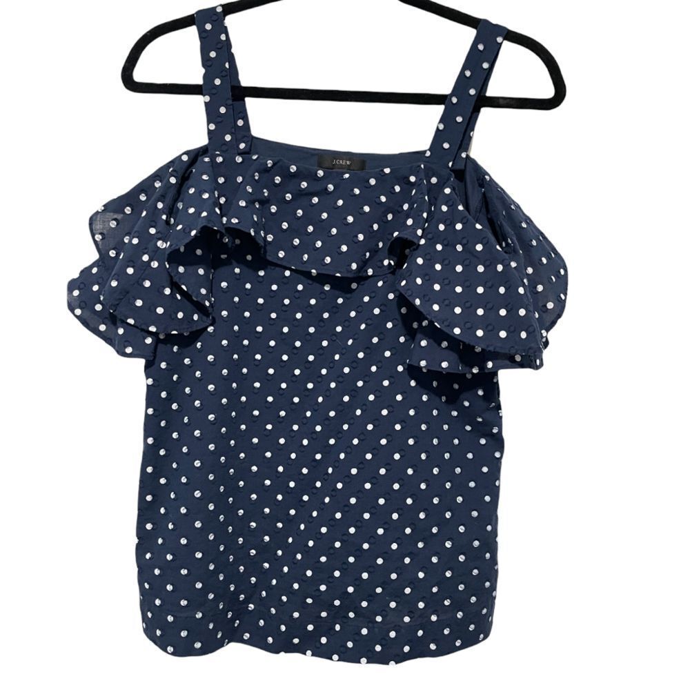 𝅺J. Crew Off Shoulder Short Ruffle Sleeve‎ Blouse Navy White Size 2 Tall